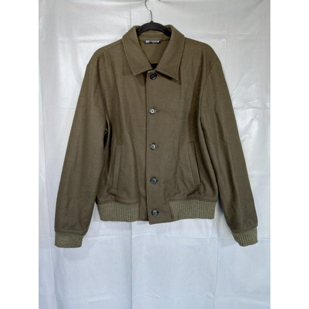 Zara Wool Blend Fleece Bomber Jacket XL Army Green Streetwear Pockets Gorpcore‎